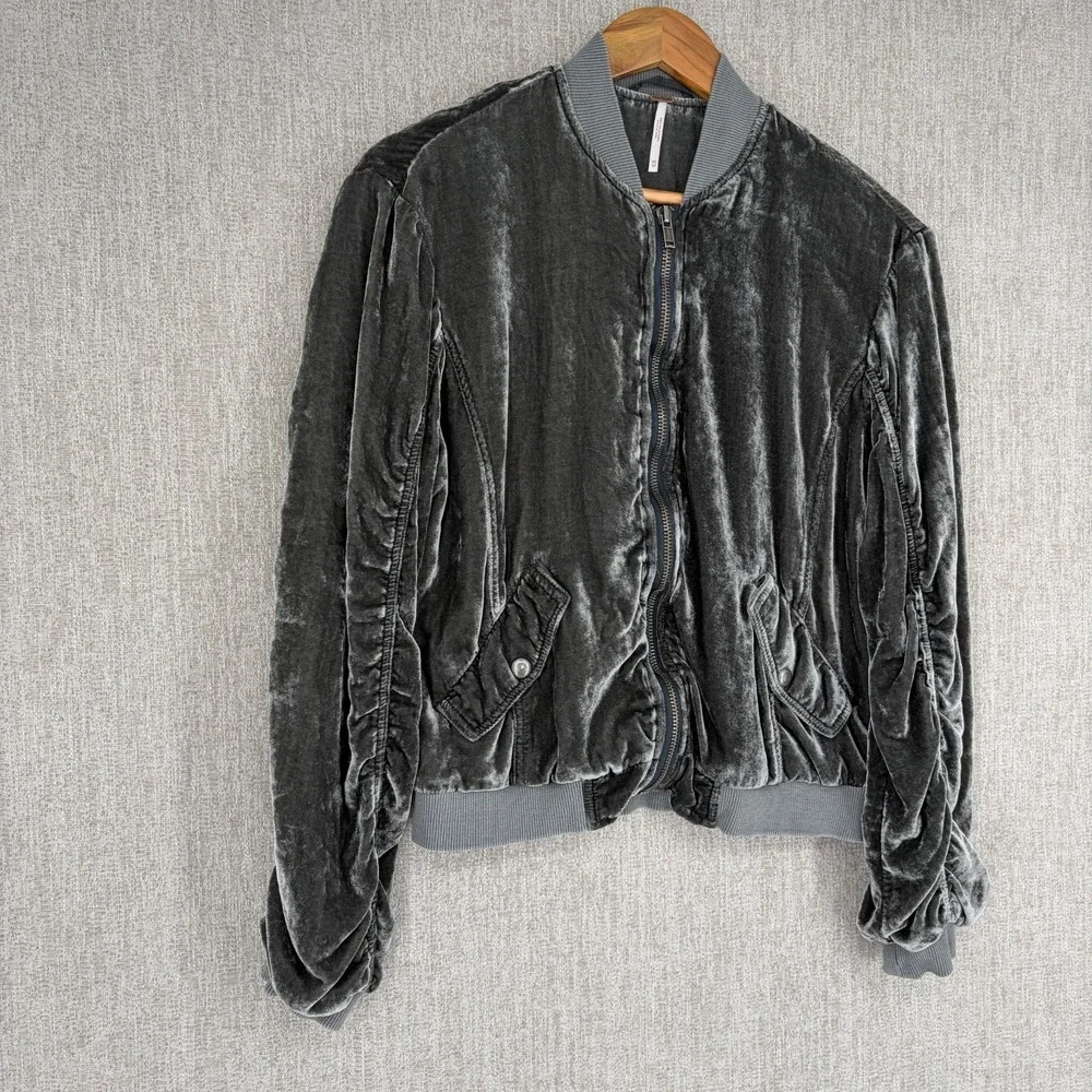 Free People Jacket Womens XS Green Ruched Velvet Bomber Full Zip Velour Varsity - Picture 4 of 13